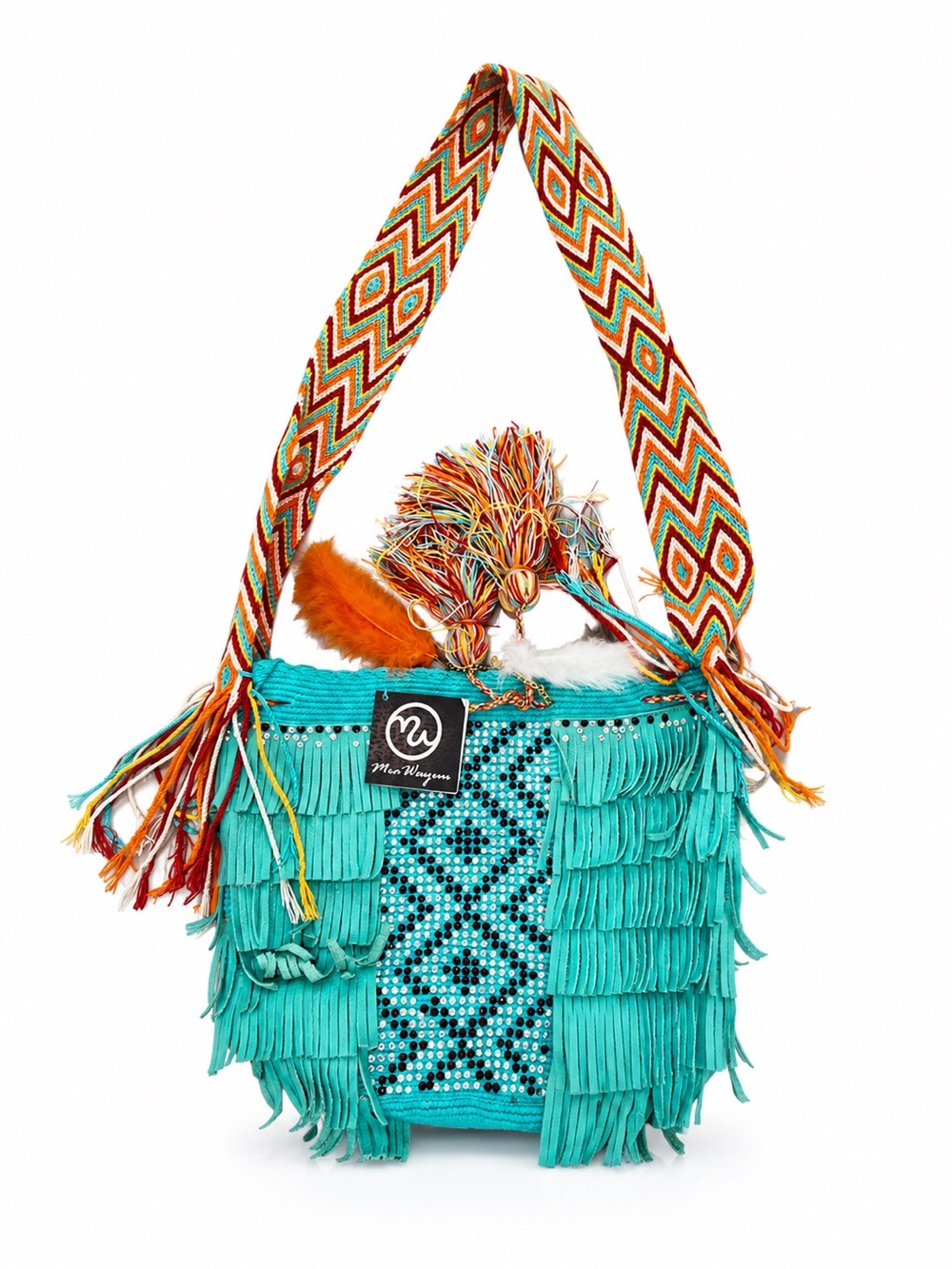 Turquoise Fringe Shoulder Bag with Patterned Strap
